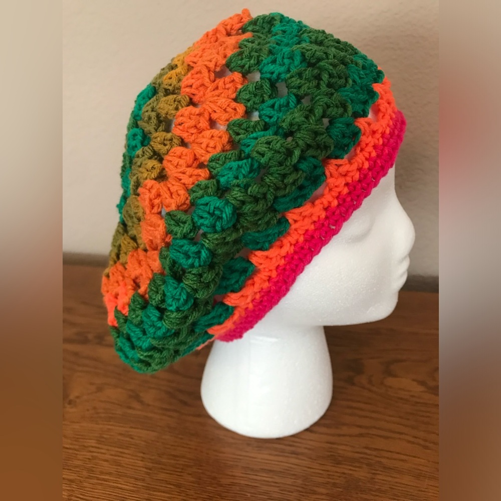 New Hand Crocheted Beret, Unisex, Neon Orange, Pink, Green with Gold, Sage Green